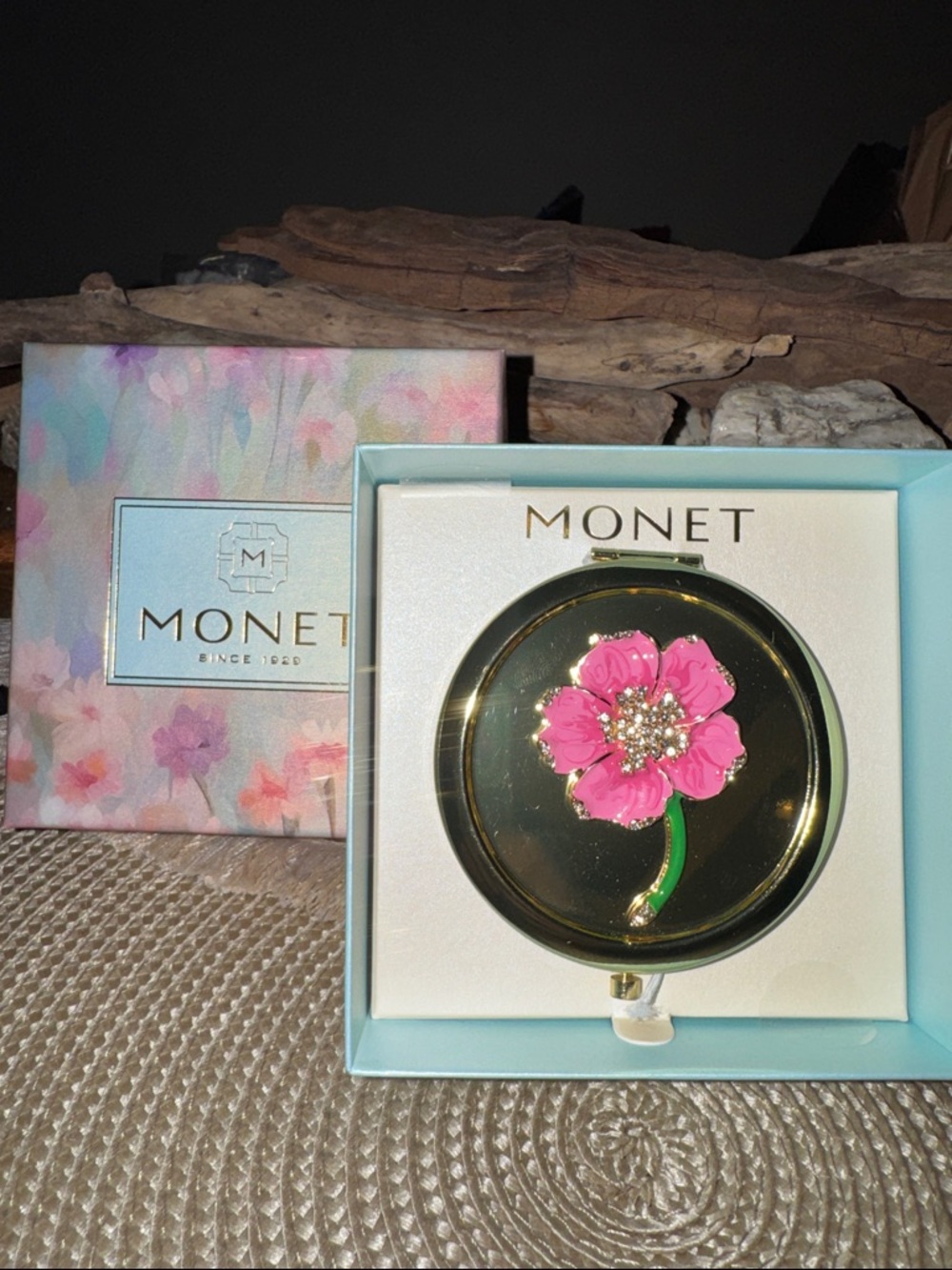 Monet Gold Compact Mirror with Pink Floral Accent